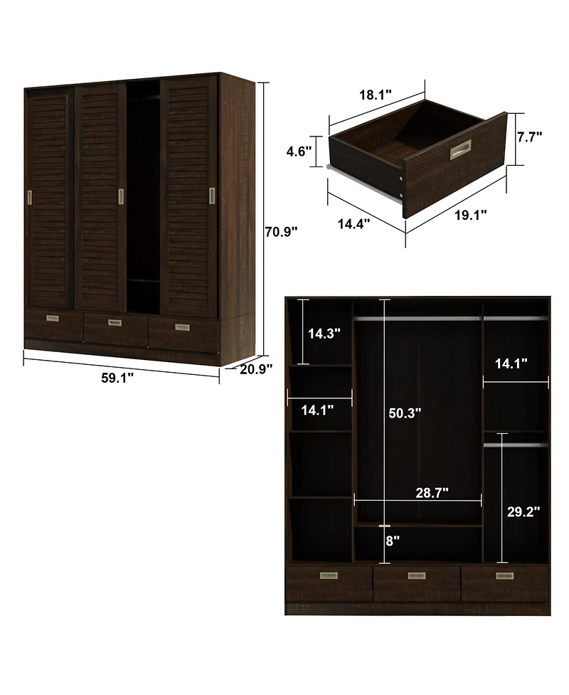 Homsee Brown wood grain 4 doors 3 sliding doors wardrobe, bedroom Armoire, Closet