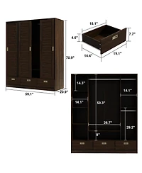 Homsee Brown wood grain 4 doors 3 sliding doors wardrobe, bedroom Armoire, Closet
