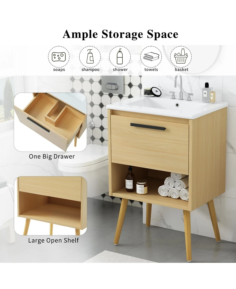 Casainc 24" Bathroom Vanity with Sink, Natural Mdf Cabinet with Drawer
