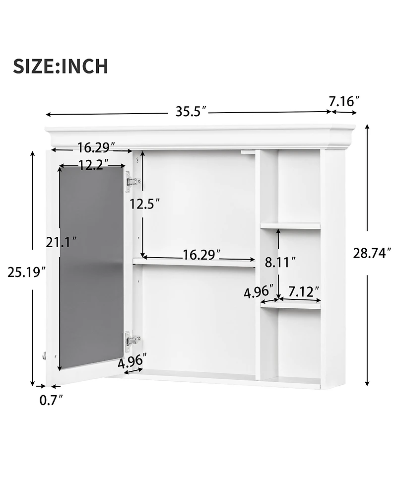 Casainc 35" x 28" Wall Mounted Medicine Cabinet with Mirror Door and 6 Open Shelves, Modern Bathroom Cabinet