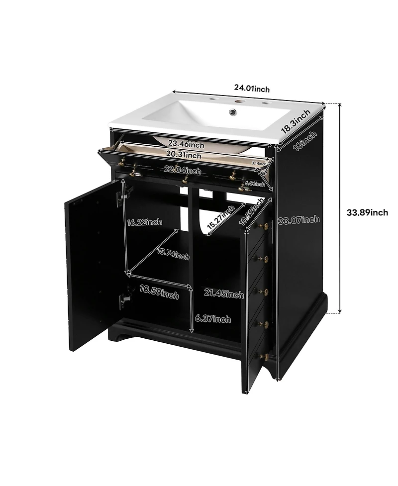 Casainc 24" Bathroom Vanity With Ceramic Sink, 1 Drawer and 2 Soft-Close Doors for Small Spaces