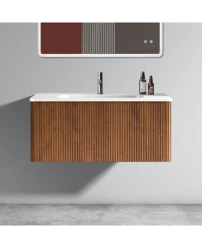 Casainc Etna 36" Wall-Mounted Vanity With Ceramic Sink and Striped Look, Pre-Assembled Design