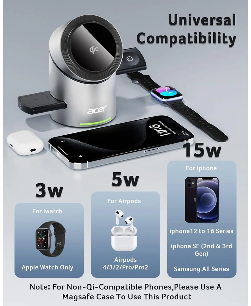 Acer 3-in-1 Charging Station for Apple Devices - Qi2 15W Wireless Charger for iPhone, Apple Watch, and AirPods
