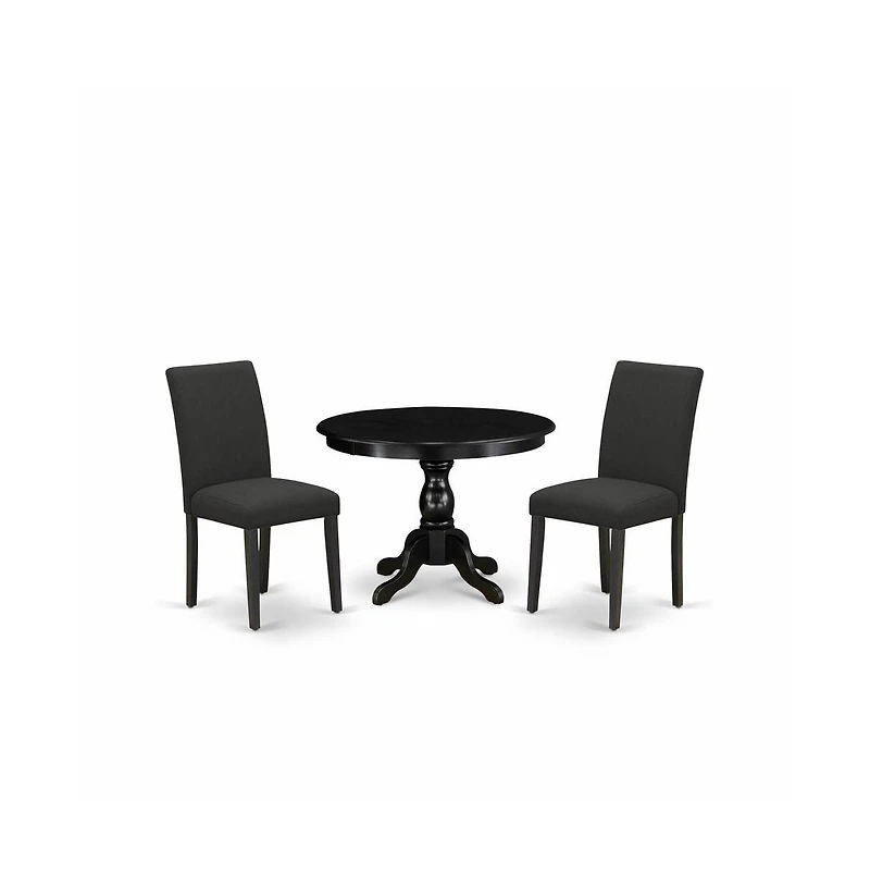 East West Furniture 3 Piece Kitchen Table Set - Black Dinner Table and 2 Black Linen Fabric Parsons Dining Chairs with High Back