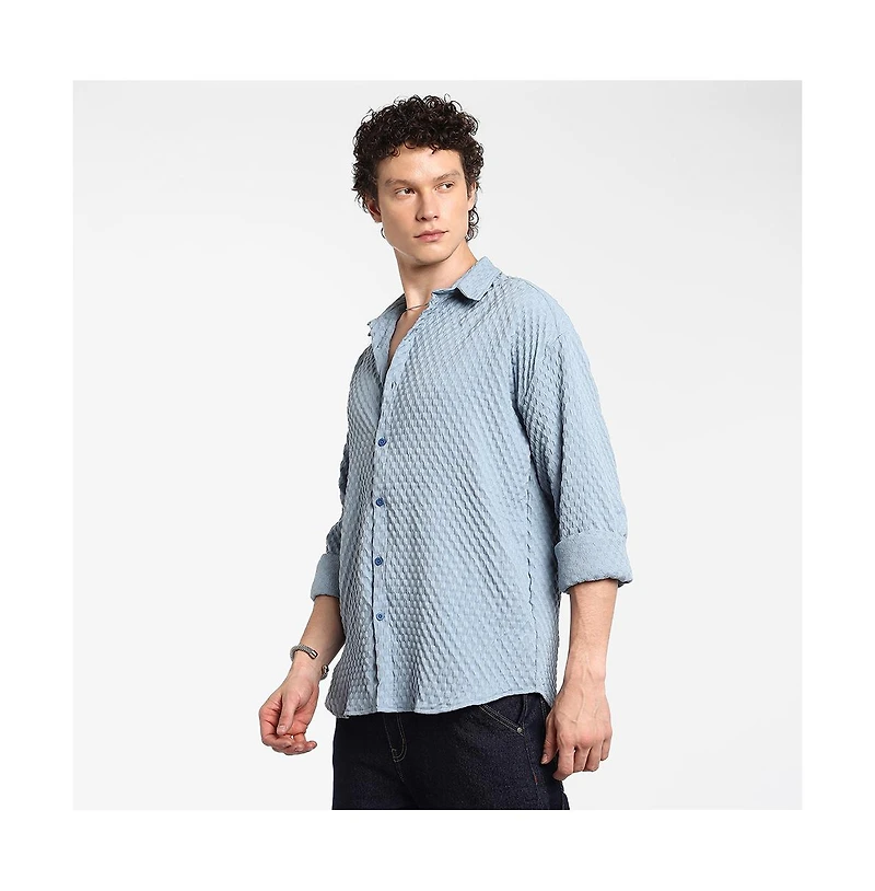 Campus Sutra Men's Cornflower Blue Cubic-Textured Oversized Shirt