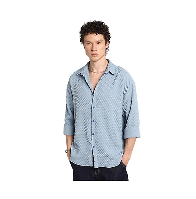 Campus Sutra Men's Cornflower Blue Cubic-Textured Oversized Shirt