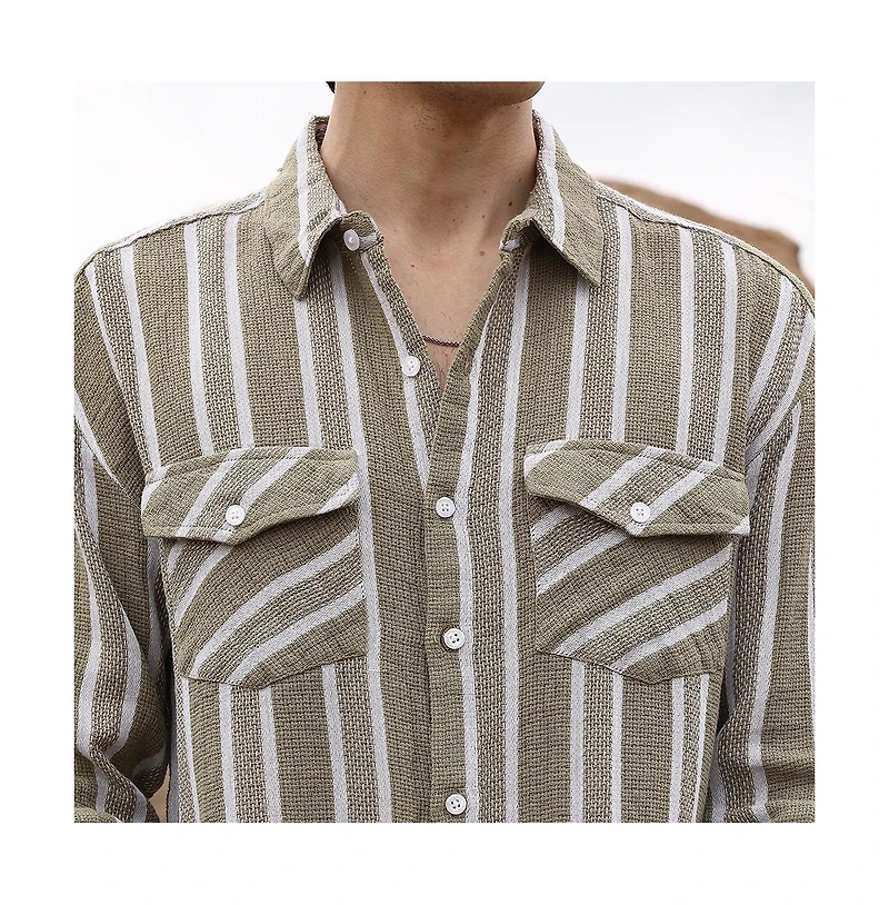 Campus Sutra Men's Peanut Brown & Off-White Utility Halo-Stripe Oversized Shirt