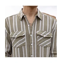 Campus Sutra Men's Peanut Brown & Off-White Utility Halo-Stripe Oversized Shirt