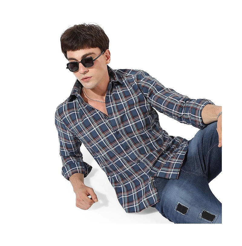 Campus Sutra Men's Blue Checkered Regular Fit Casual Shirt