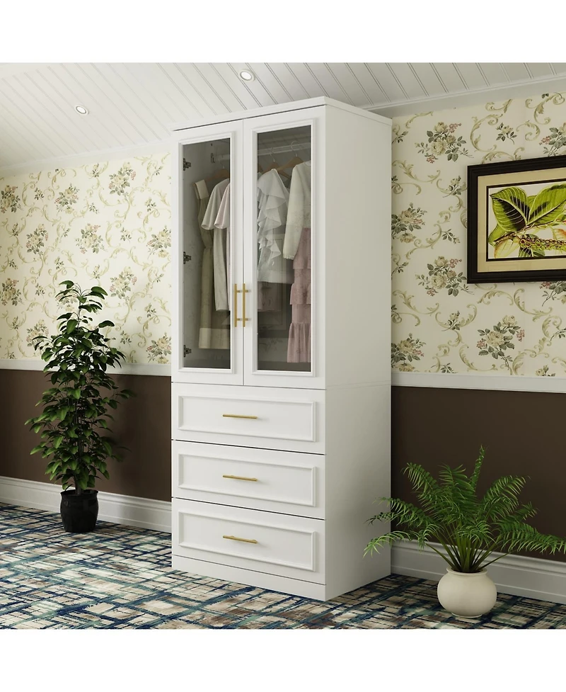 Wardrobe with 2-Door 3-Drawer, with Tempered Glass, Bedroom Closet，Armoire