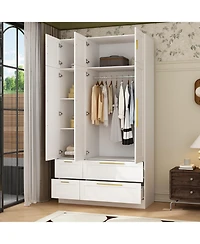 Homsee Luxurious white linen 6-door 4-drawer wardrobe with mirror, bedroom Armoire, Closet