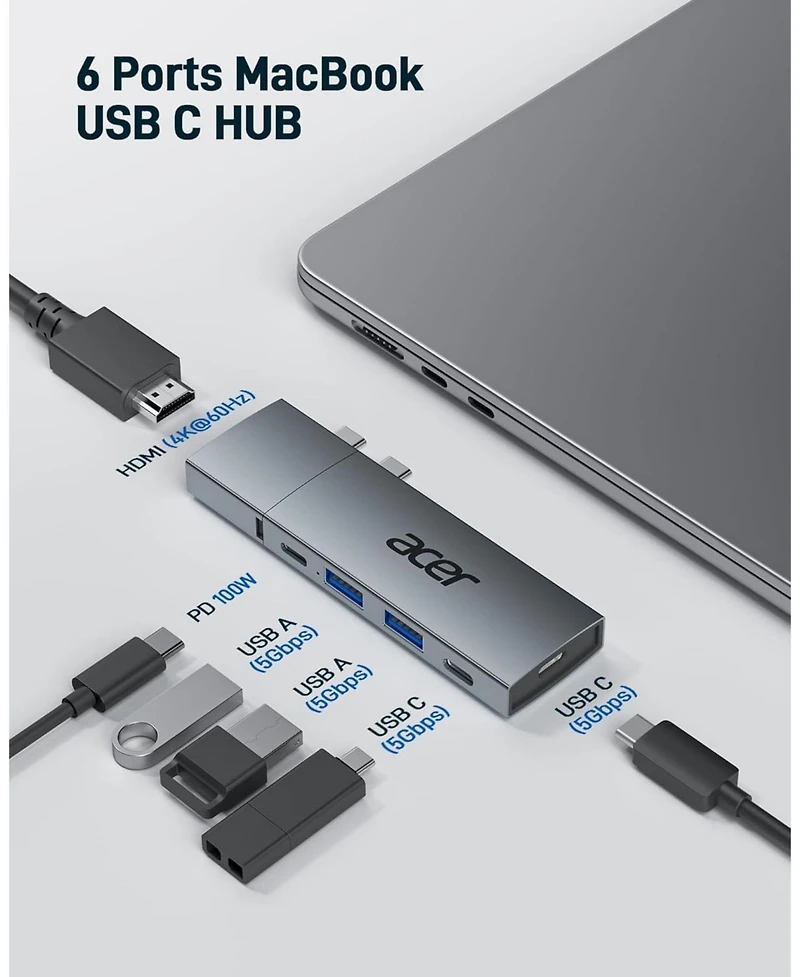 Acer Usb-c Hub for MacBook Pro/Air M1 M2 M3, 6-in-2 Detachable 4K60Hz Usb C to Hdmi Adapter