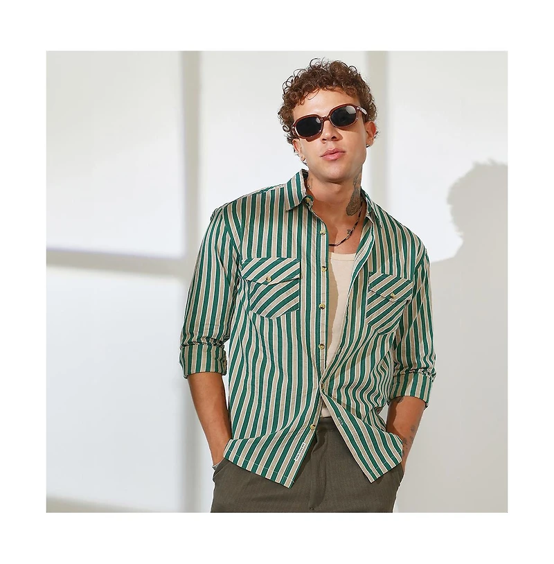 Campus Sutra Men's Forest Green & Khaki Beige Candy Striped Oversized Shirt