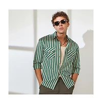 Campus Sutra Men's Forest Green & Khaki Beige Candy Striped Oversized Shirt