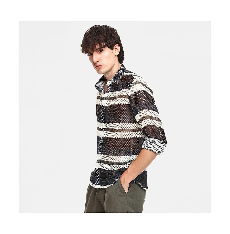 Campus Sutra Men's Navy Blue Contrast Panel Knit Shirt