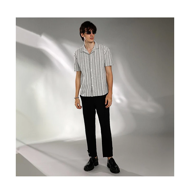 Campus Sutra Men's Off-White & Midnight Black Striped-Weave Oversized Shirt
