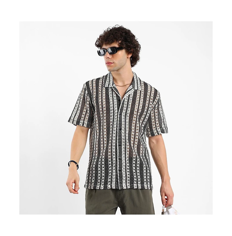 Campus Sutra Men's Cream White & Midnight Black Multitrack Knit Oversized Shirt