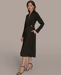 Donna Karan New York Women's Satin V-Neck Belted A-Line Midi Dress