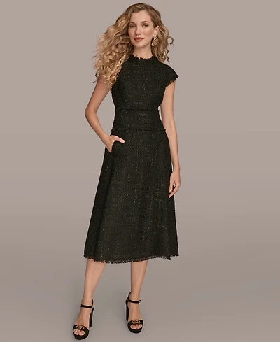 Donna Karan New York Women's Tweed Cap Sleeve A-Line Midi Dress