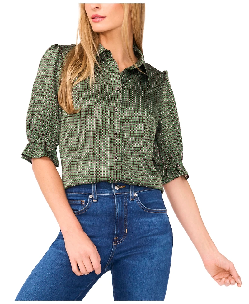 CeCe Women's Balloon Short Sleeves Button Down Shirt