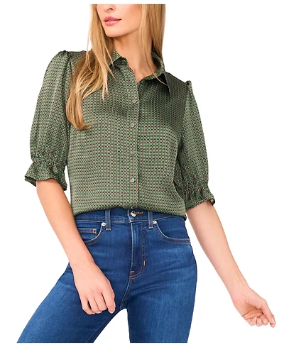 CeCe Women's Balloon Short Sleeves Button Down Shirt