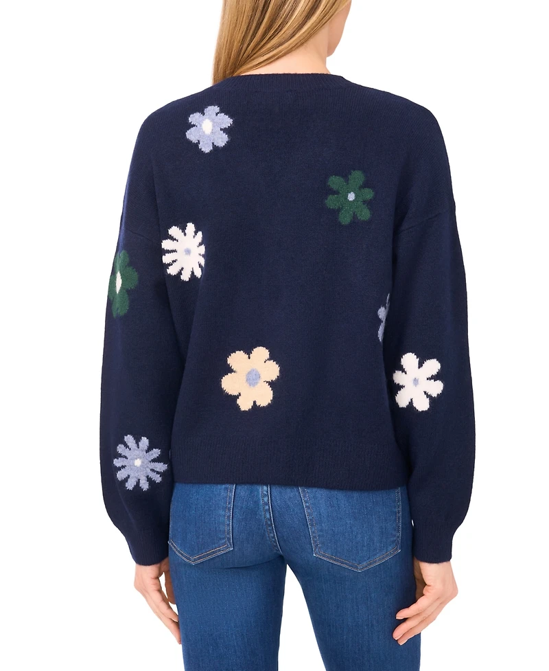CeCe Women's Flower Pattern V-Neck Cardigan Sweater