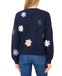 CeCe Women's Flower Pattern V-Neck Cardigan Sweater