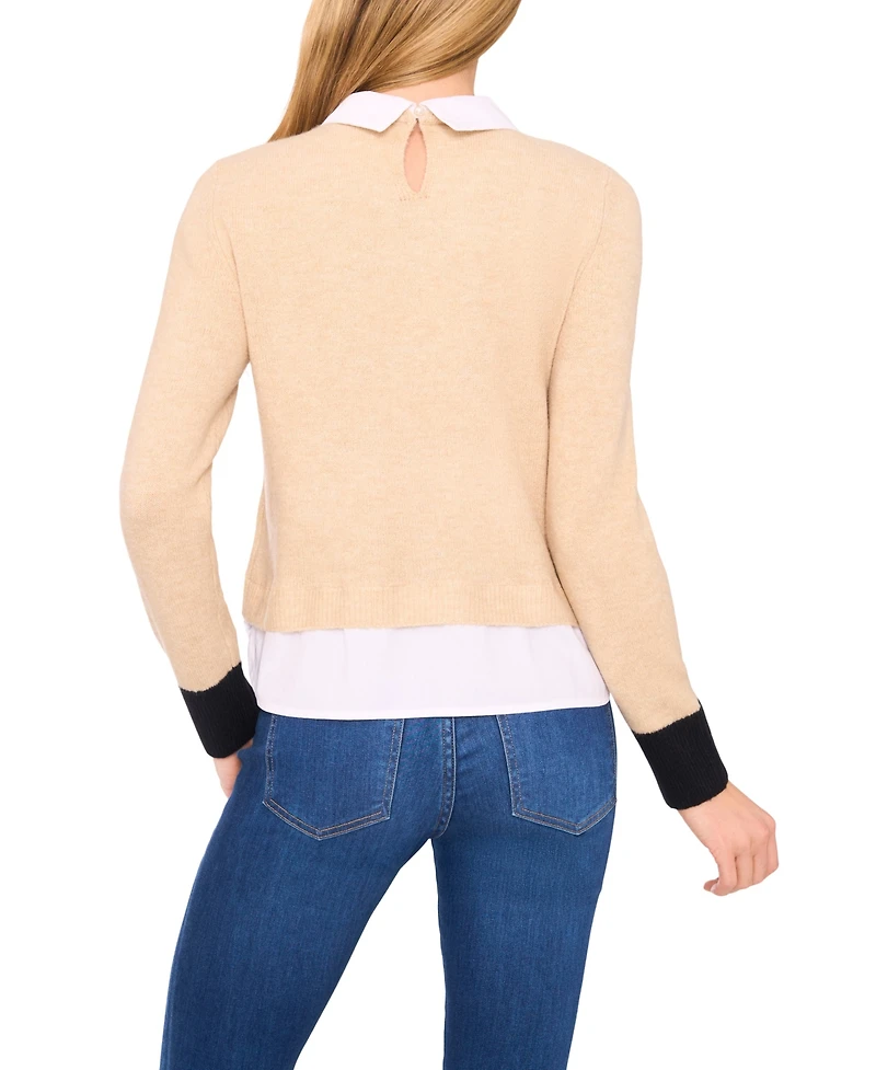 CeCe Women's Two-Fer Collared Pocket Detail Sweater