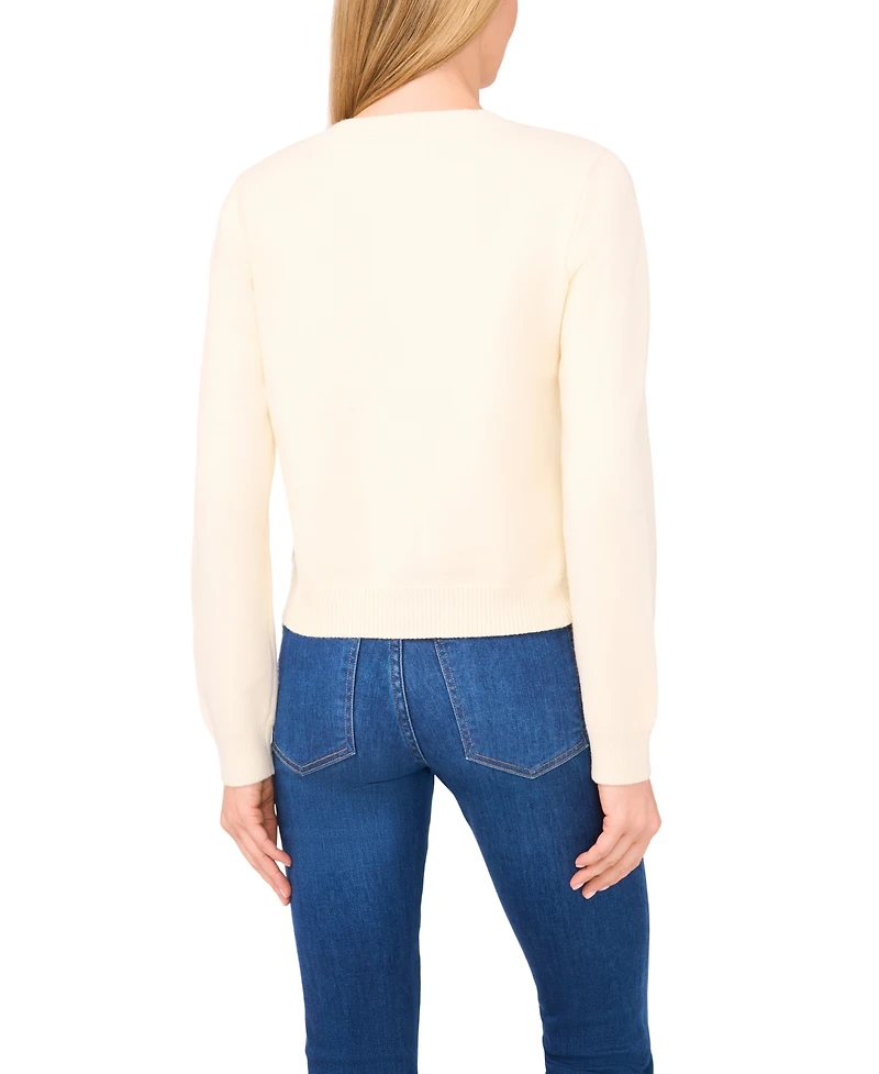CeCe Women's Ribbon Applique Crewneck Cardigan Sweater