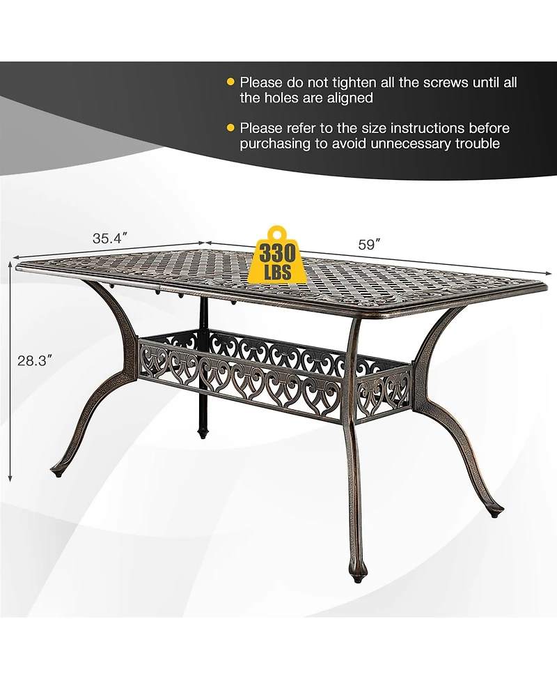 Costway 59'' Outdoor Dining Table All-Weather Cast Aluminum Umbrella Hole 6 Person