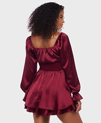 B Darlin Juniors' Satin Tie-Neck Smocked-Waist Dress