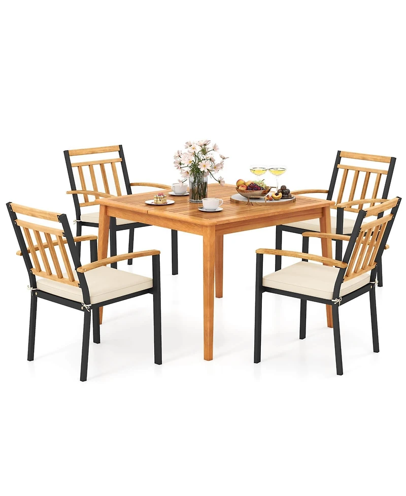 Gymax Set Of 5 Patio Acacia Wood Dining Set w/ Soft Seat Cushions Umbrella Hole for Yard