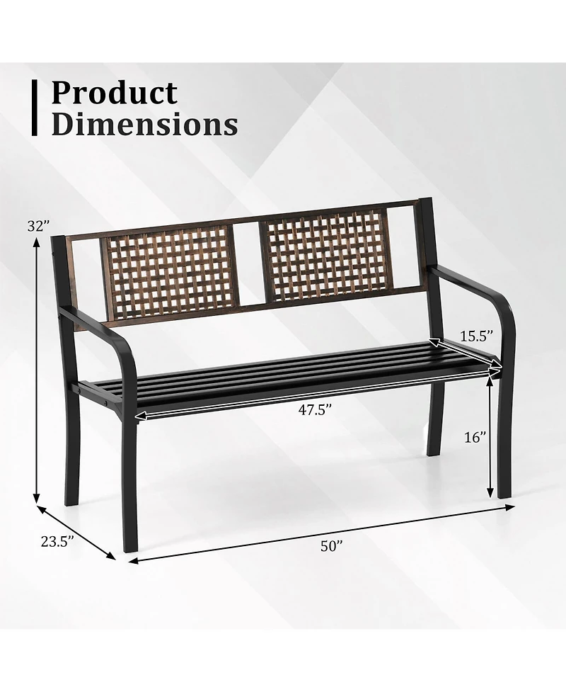 Costway 50" Outdoor Metal Park Bench with Rattan-Like Backrest & Curved Armrests