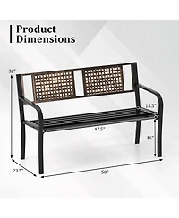 Costway 50" Outdoor Metal Park Bench with Rattan-Like Backrest & Curved Armrests