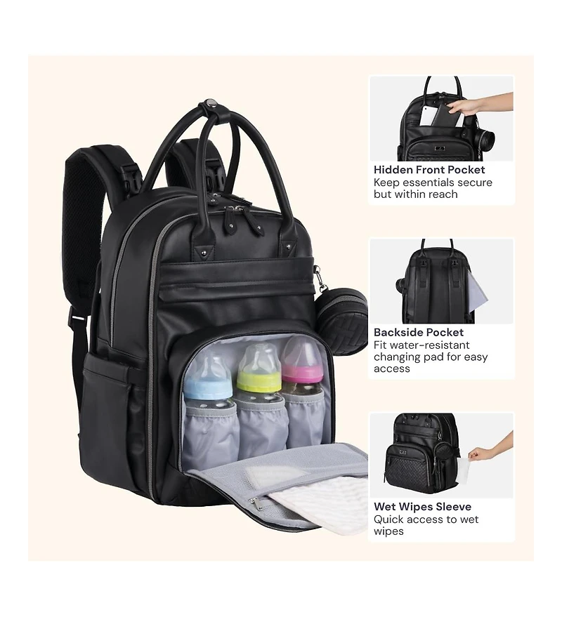 BabbleRoo Premium Faux Leather Diaper Bag Backpack Spacious & Stylish Nappy Organizer Light Brown