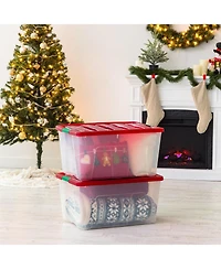 Iris Usa 94 Quart Stackable Holiday Plastic Storage Bins with Lids and Latching Buckles, Clear/Red - 2 Pack