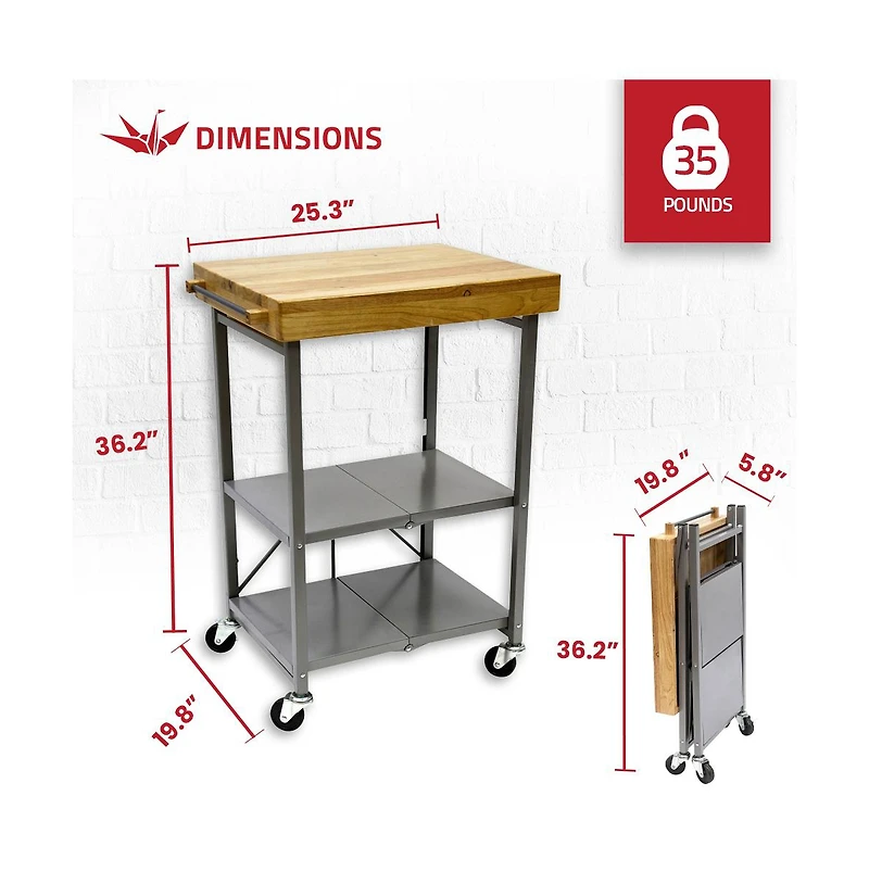 Origami Foldable Wheeled Portable Solid Wood Top Kitchen Island Bar Cart, Silver