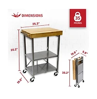 Origami Foldable Wheeled Portable Solid Wood Top Kitchen Island Bar Cart, Silver