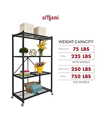 Origami R5-06W Black 4-Wheeled and 4-Shelf Folding Steel Wire Shelving Storage