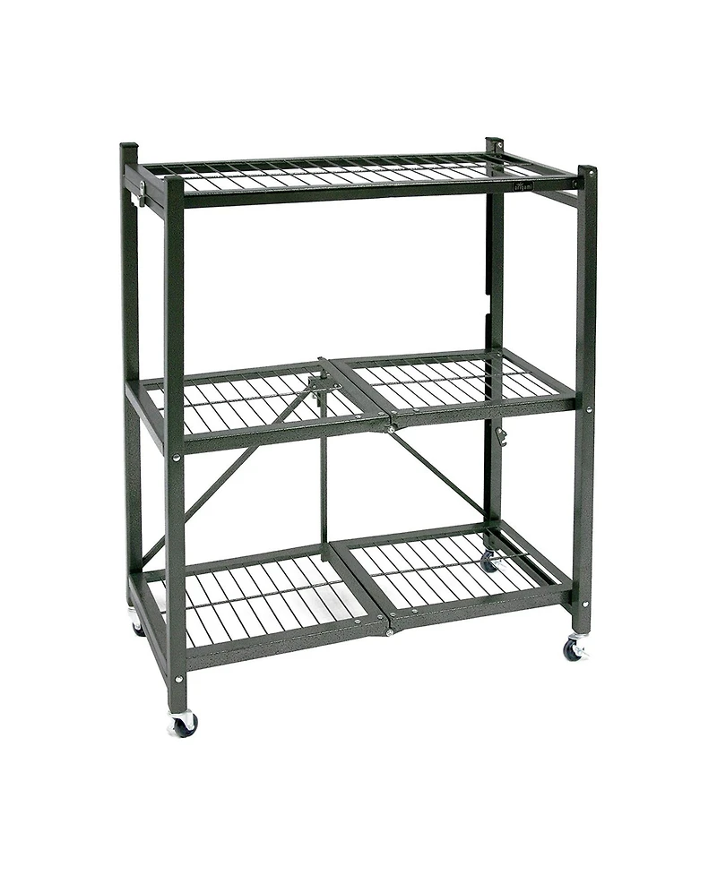 Origami R3 General Purpose Foldable 3-Tiered Shelf Storage Rack & Wheels, Pewter