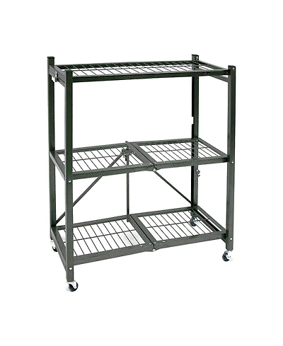 Origami R3 General Purpose Foldable 3-Tiered Shelf Storage Rack & Wheels, Pewter