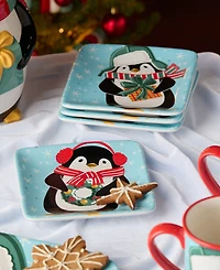 Certified International Christmas Whimsy Penguin Canape Plates, Set of 4