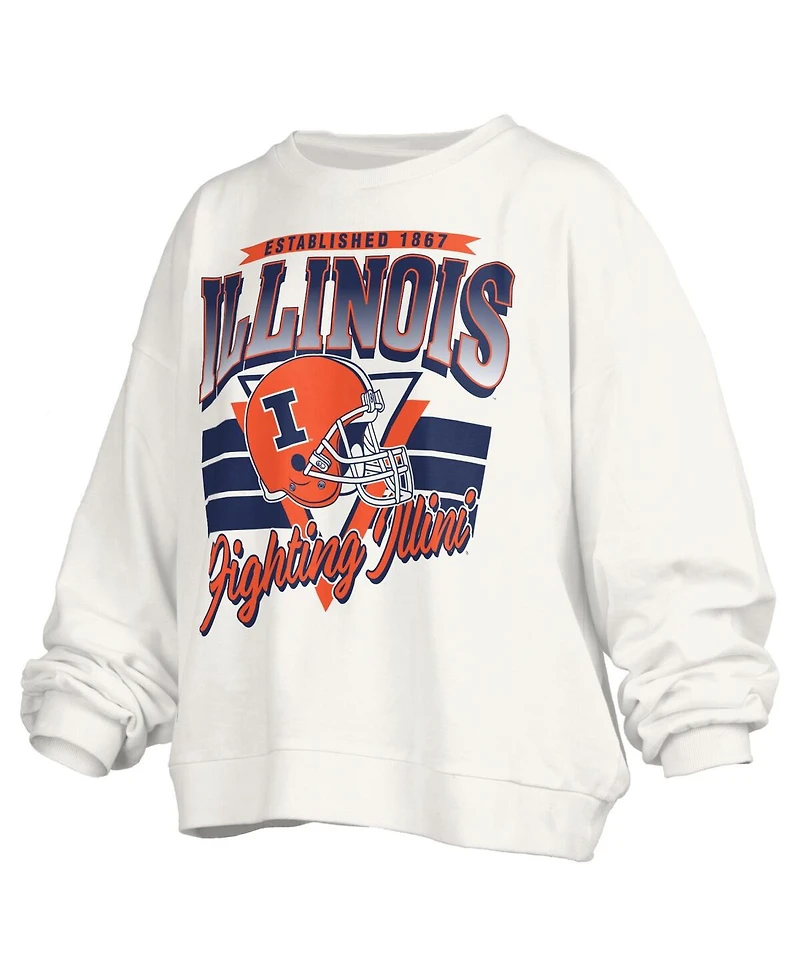 Pressbox Women's White Illinois Fighting Illini Oversized Janice Retro Waist-Length Pullover Sweatshirt