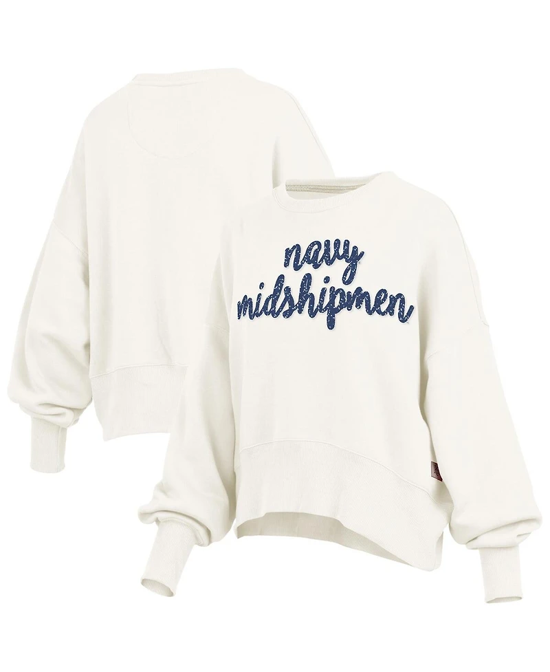 Pressbox Women's Cream Navy Midshipmen Oversized Chelsea Waist Length Pullover Sweatshirt