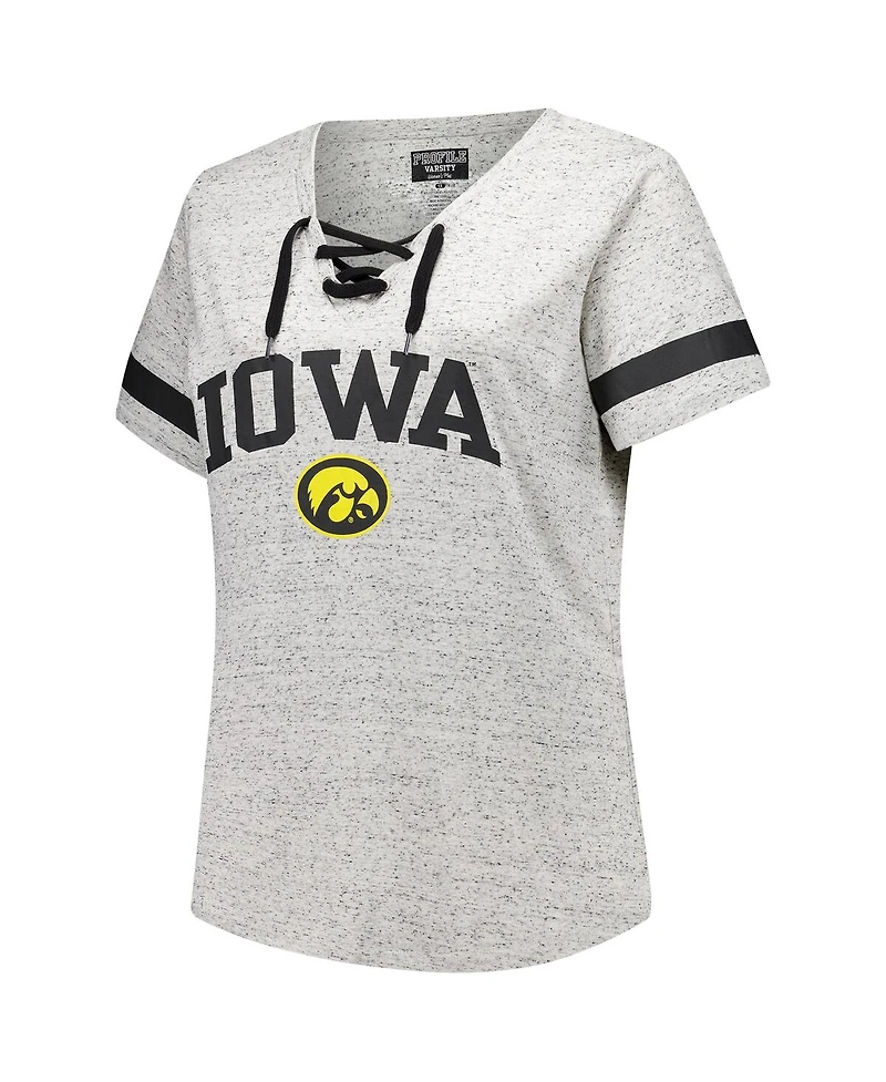 Fanatics Women's Heather Gray Iowa Hawkeyes Plus Lace-Up V-Neck T-Shirt