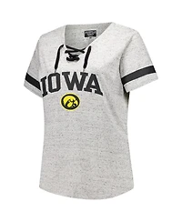 Fanatics Women's Heather Gray Iowa Hawkeyes Plus Lace-Up V-Neck T-Shirt