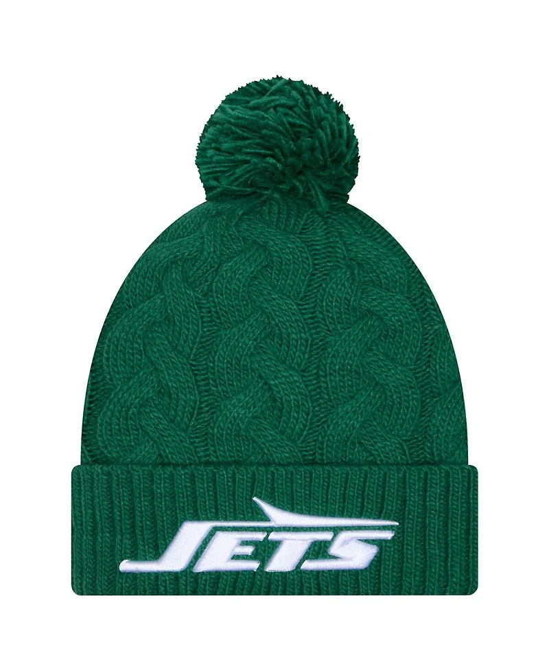 New Era Women's Green New York Jets Cable Cuffed Knit with Pom Hat
