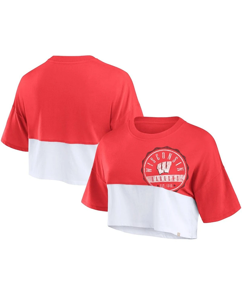 Fanatics Women's Red/White Wisconsin Badgers Oversized Badge Color Block Cropped T-Shirt
