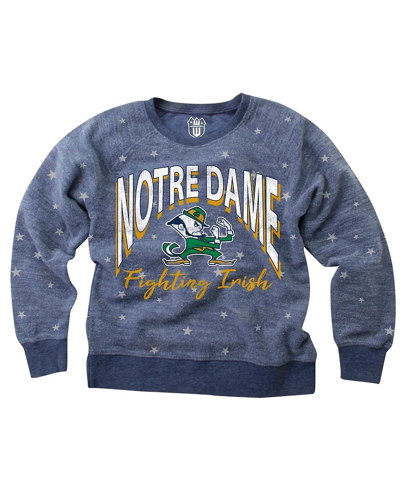Wes & Willy Big Girls Navy Notre Dame Fighting Irish Shimmer Star Reverse Fleece Raglan Pullover Sweatshirt