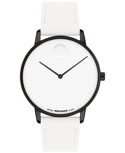 Movado Unisex Face Swiss Quartz White Leather Watch, 39mm